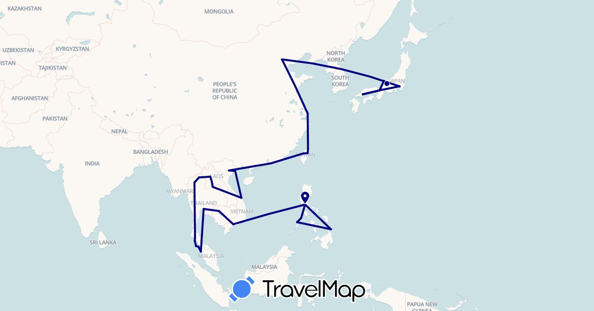 TravelMap itinerary: driving in China, Japan, Cambodia, Laos, Malaysia, Philippines, Thailand, Taiwan, Vietnam (Asia)